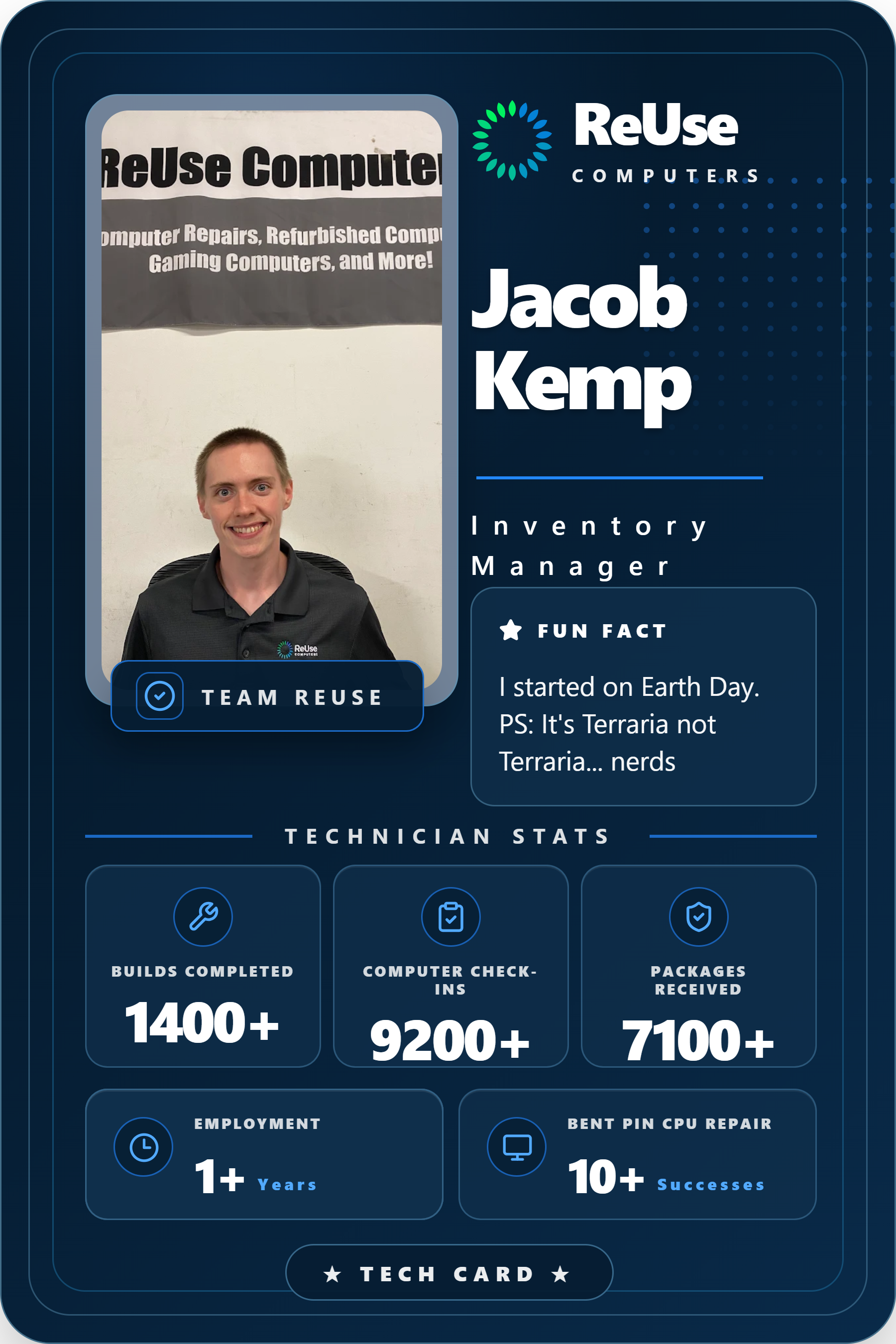 Jacob Kemp — ReUse staff trading card